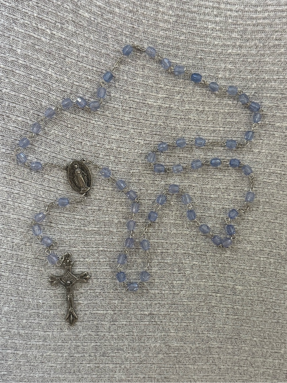 Religious theme silver tone blue beaded rosary necklace